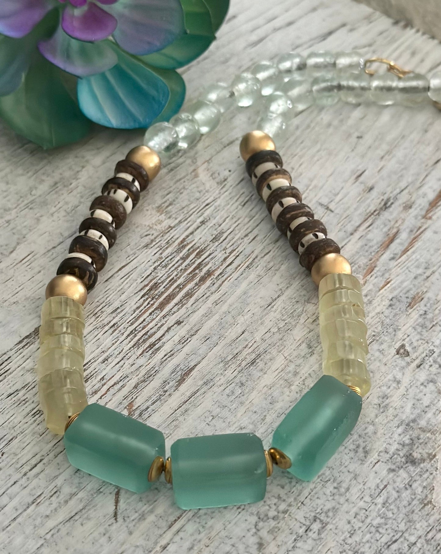 Long Necklace, Beaded Long Necklace, Recycled Glass & Wood Necklace Long Beaded Necklaces for Her, Lemon quartz necklace, Statement Necklace