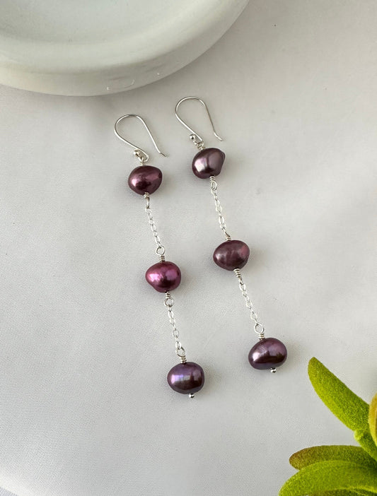 Sterling Silver Triple Pearl Drop Earrings. Freshwater Pearl Long Dangle Earrings. Perfect Earrings for Everyday Wear.