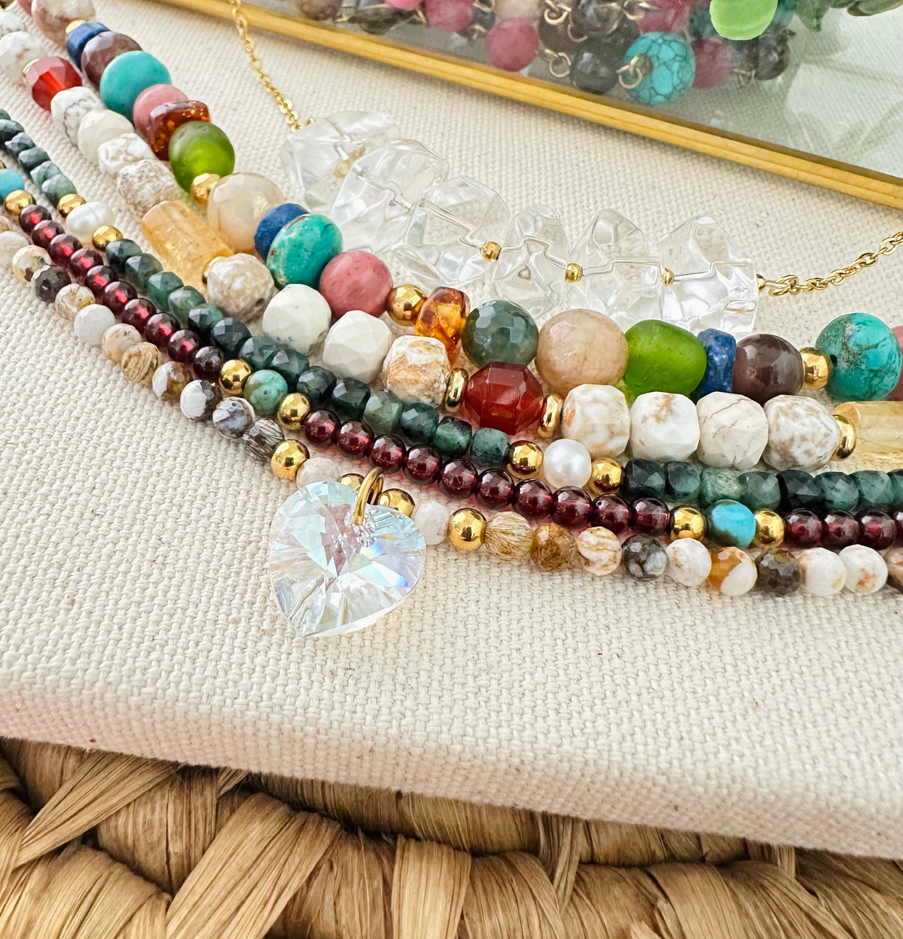 Unique beautiful gemstone necklaces, African emerald, garnet, quartz, turquoise etc., from Solescott jewelry.