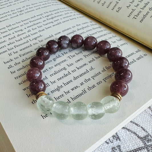 Beautiful bracelet enhanced with Lepidolite and java glass beads, perfect for wear every day.