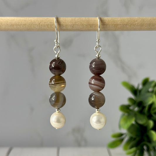 Make the perfect statement with these Earrings! Botswana Agate round gemstone, Freshwater pearl , 925 Sterling Silver ear hook, 2 1/8 inches length