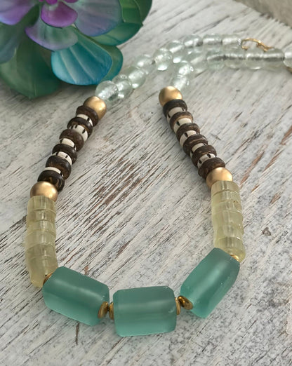 Long Necklace, Beaded Long Necklace, Recycled Glass & Wood Necklace Long Beaded Necklaces for Her,  Lemon quartz necklace, Statement Necklace