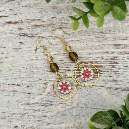 Delicate daisy earrings, boho style, with hypoallergenic stainless steel ear hooks, lightweight.