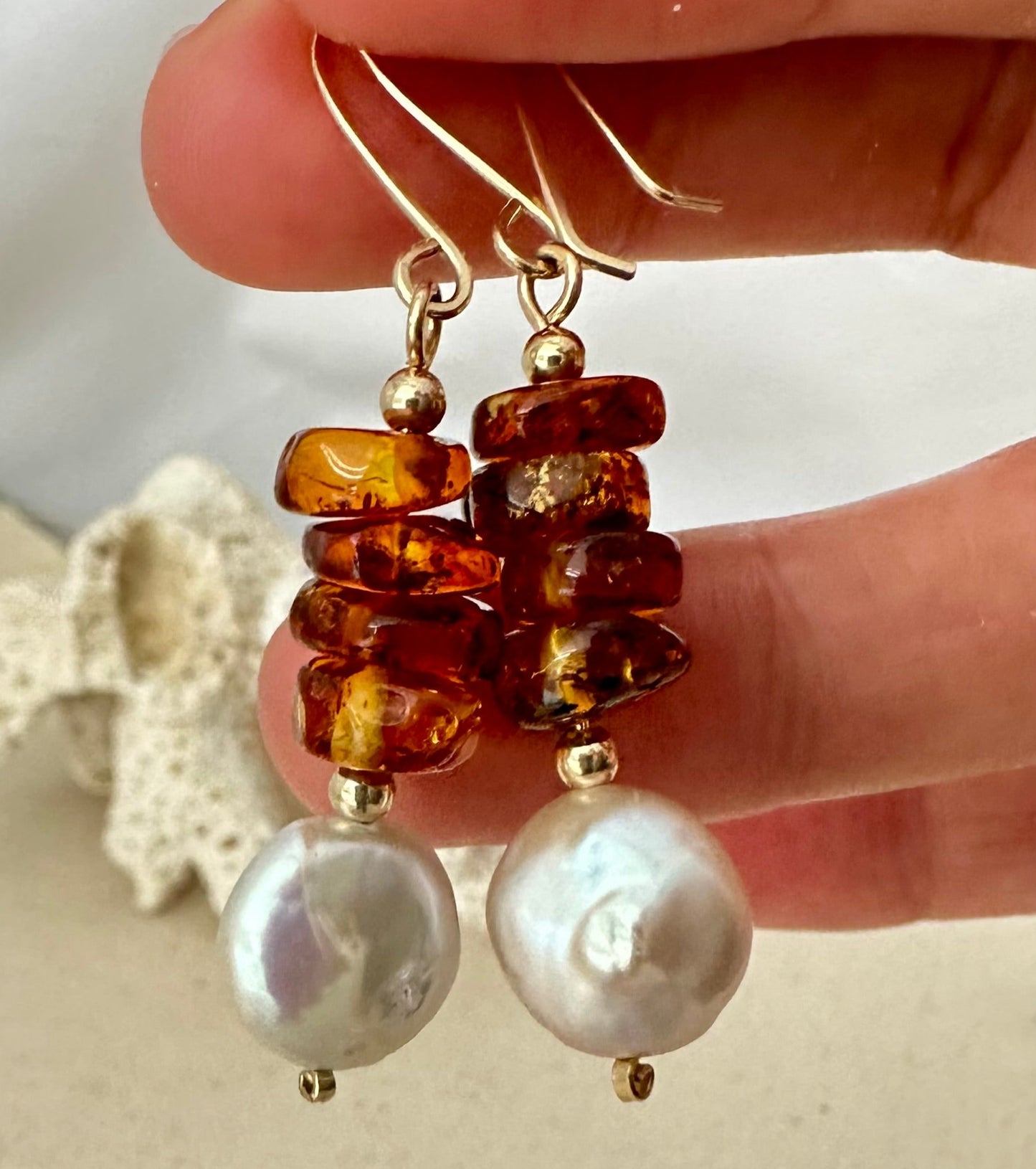 Handmade earrings for womens exquisite amber gemstone and freshwater pearl coin.