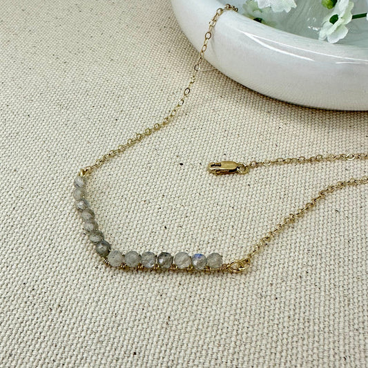 Beutiful Labradorite gemstone bar pendant and 14K gold filled cable chain.