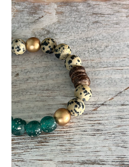 Dalmatian Jasper, Recycled "sea glass", Coconut shell and wood beads accents.