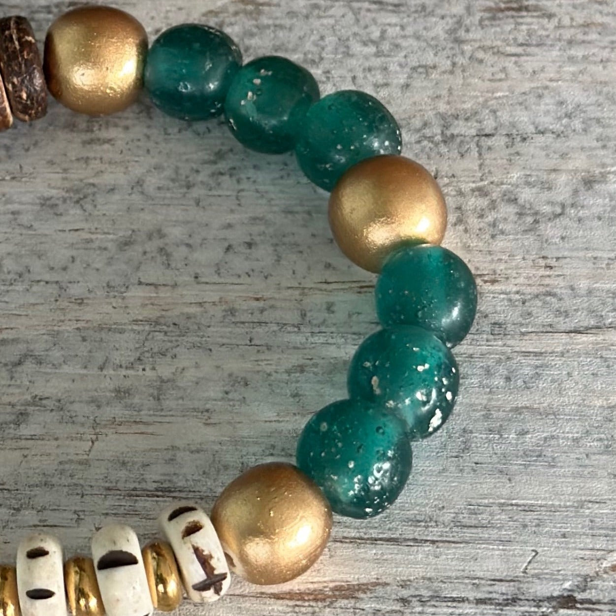 Chunky “Sea Glass” beads, Handmade carved natural beads, Gold Wood beads, Stainless steel accents