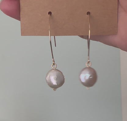  Luster AA+ Coin Pearl Dangle Earrings, 14k gold filled pearl dangle earrings