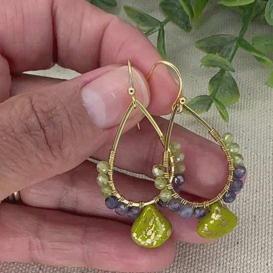 Stunning dangle earrings, made with stainless steel components and Peridot and Iolite gemstones beads.