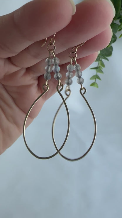 Delicate and light weight earrings, handcrafted with labradorite gemstone and 14k gold filled wire. 2 1/2 inches length