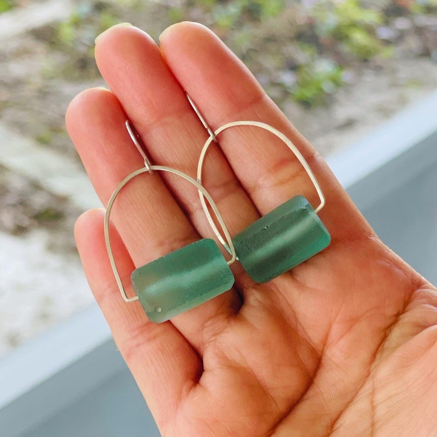 Recycled java glass bead, hammered sterling silver wire, minimalist earrings, boho earrings, gift for her, beachy earrings.